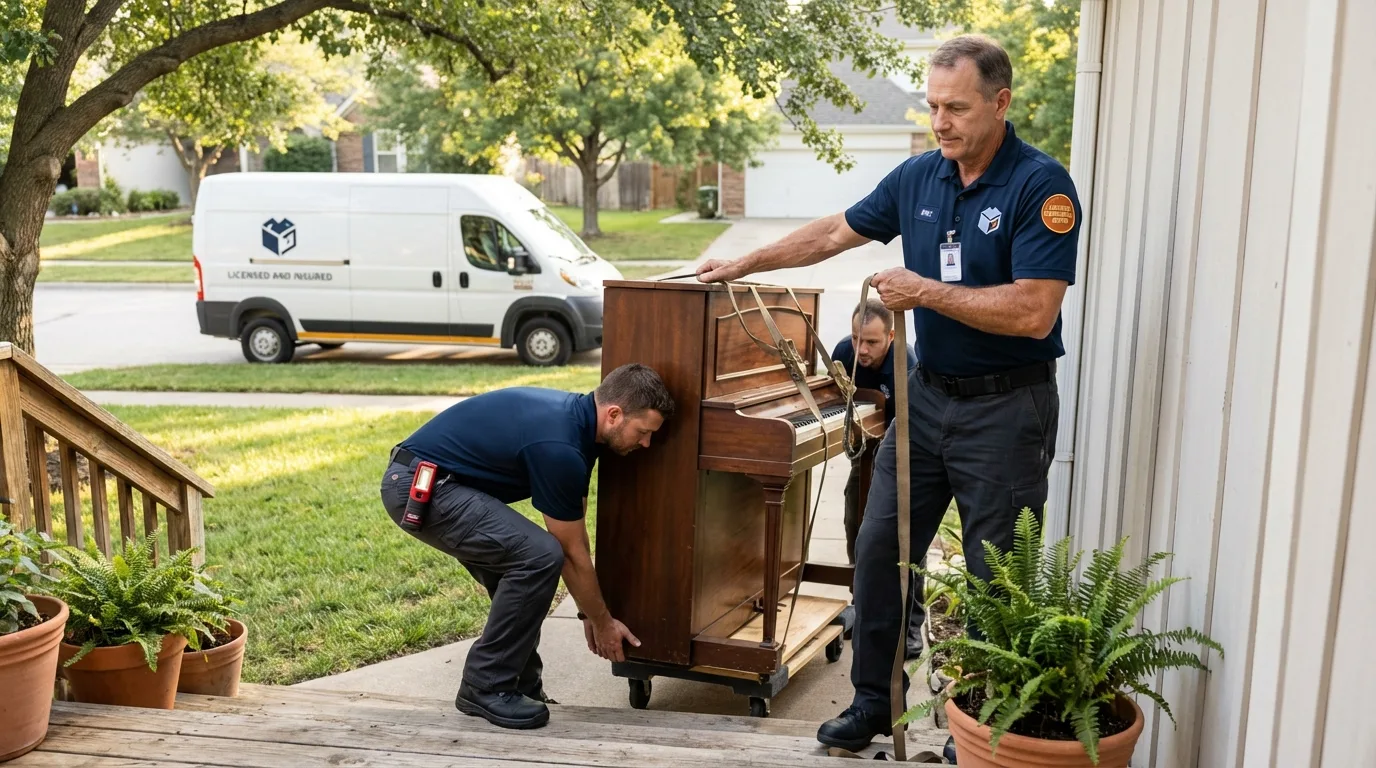 Licensed piano movers securing grand piano in Woodsfield, OH