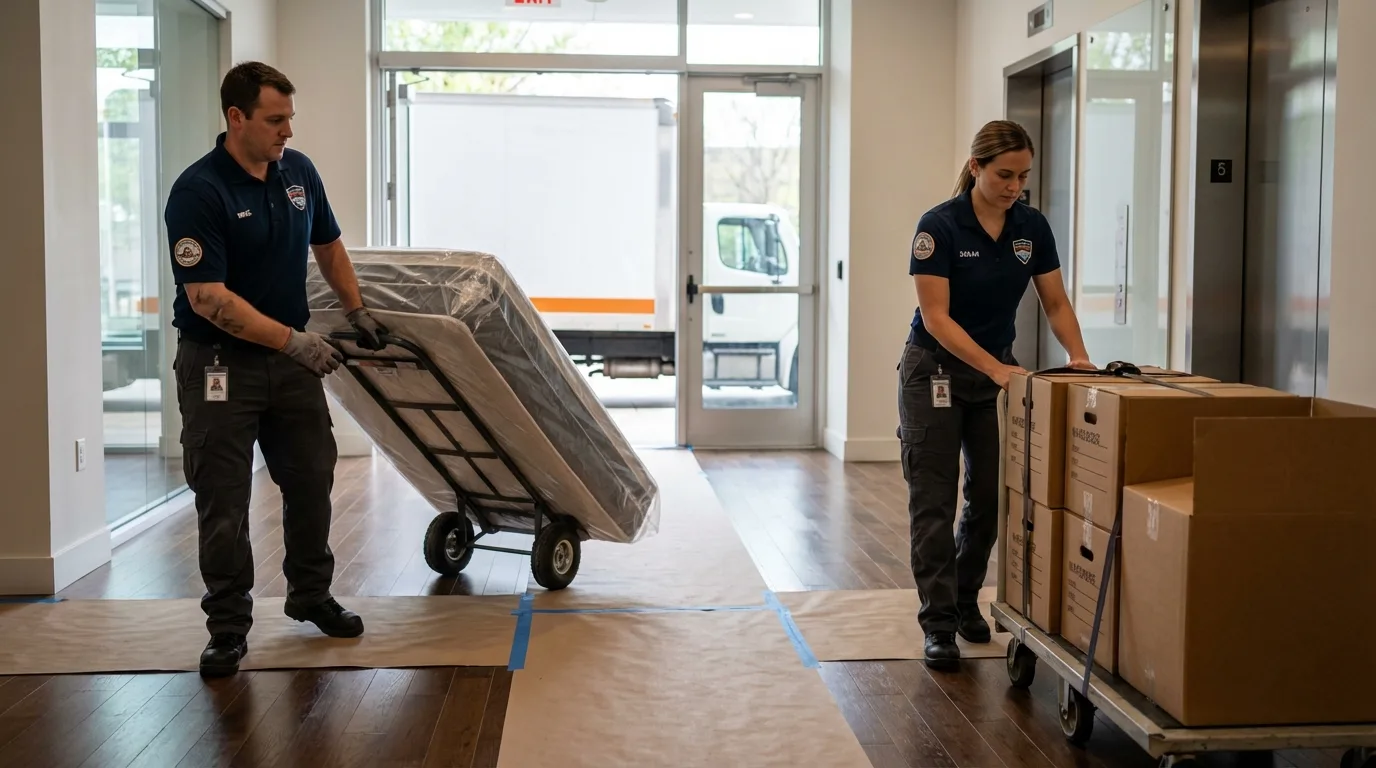 Professional apartment movers loading elevator in Woodsfield, OH