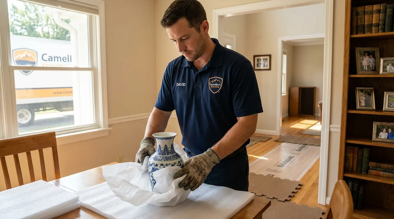 Professional crew carefully wrapping antique vase for senior downsizing move in Woodsfield, OH