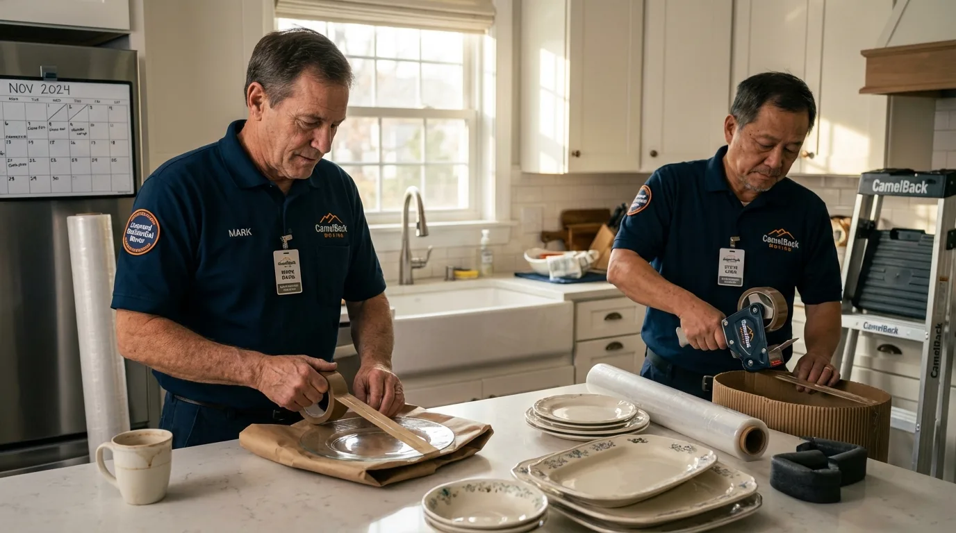 Professional crew packing kitchen dishware in Woodsfield, OH
